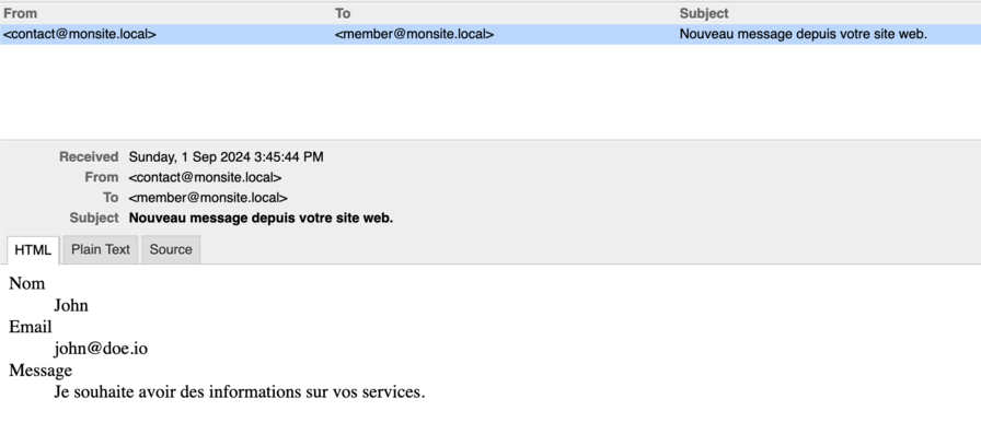 L'email est correctement envoyé sur mon serveur. 